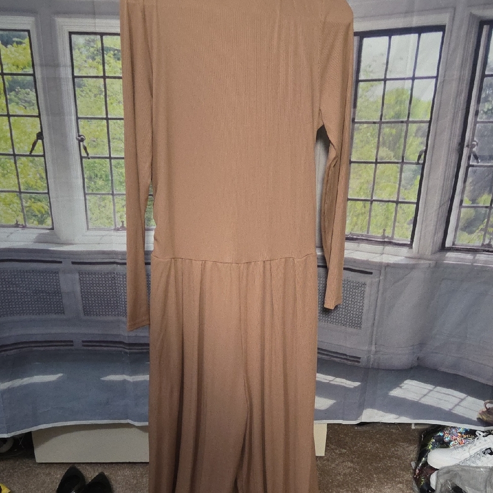Long Sleeve Taupe Jumpsuit Romper - Relaxed Midi Style